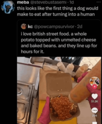 meba @stevebustasemi-1d this looks like the first thing a dog would make to eat after turning into a human kc@powcampsurvivor.2d i love british street food. a whole potato topped with unmelted cheese and baked beans. and they line up for hours for it. 51.2K 206