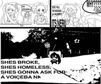 A comic in which Hatsune Miku rolls the car windows up after seeing Neru on the street. Neru is broke and homeless and is going to ask them for money.