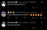 charlotte@burntfishie 7/25/24 WHITE GENOCIDE??? . 172 2 ili 234 @TeaPartyRager 7/25/24 Great Replacement Soon™ 27 ♡ 2 119 charlotte@burntfishie 7/25/24 lets goooo0000 0 Q1 27 1 Il 156