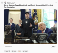 Reddit user /u/BreakfastTop6899 posted a Newsweek article citing Steve Bannon as saying Scott Bessent is responsible for Elon Musk's black eye. Bessent is the Treasury Secretary under the Trump administration.