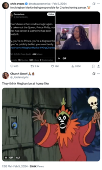 X user @_JordansLyric tweeted the GIF of the witch doctor from Scooby-Doo to joke about Meghan Markle's critics implying that she somehow gave King Charles cancer.