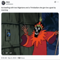 X user @46wavo tweeted about "Ice Spice":https://knowyourmeme.com/memes/people/ice-spice "beefing" with " two Nigerians and a Trinidadian," joking that she might get turned into a goat by witchcraft. The post gathered over 130,000 likes in nine months.