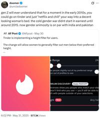 doomer @uncledoomer Q gen Z will ever understand that for a moment in the early 2010s, you could go on tinder and just "netflix and chill" your way into a decent looking woman's bed. the cold gender war didnt start in earnest until around 2015. now gender animosity is on par with india and pakistan AF. AF Post @AFpost May 30 Tinder is implementing a height filter for users. The change will allow women to generally filter out men below their preferred height. ... 6:02 PM - May 31, 2025 577.3K Views e Range ow people slightly out of my preferred range un out of profiles to see ... 24- EMIUM DISCOVERY Tinder Platinum® ferences show you people who match your vibe won't limit who you see - you'll still be able to ch with people outside of your selections. ght New Any hei