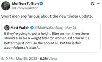 Muffton Tuffton @GronvallAnton Q Short men are furious about the new tinder update. Matt Walsh @MattWalshBlog · May 31 If they're going to put a height filter on men then there should also be a weight filter on women. Of course it's better to just not use the app at all, but fair is fair. x.com/afpost/status/... 9:10 PM - May 31, 2025 6.3M Views ...