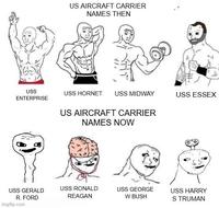 US AIRCRAFT CARRIER NAMES THEN USS ENTERPRISE USS HORNET USS MIDWAY USS ESSEX US AIRCRAFT CARRIER NAMES NOW USS GERALD R. FORD USS RONALD USS GEORGE REAGAN W BUSH USS HARRY S TRUMAN imgflip.com
