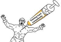 A "recaptioned":https://knowyourmeme.com/memes/recaption version of the Soyjak Shot With Hope Syringe "meme":https://knowyourmeme.com/memes/memes, that reads, "Training hard consistently."
