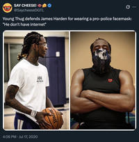 The original "tweet":https://knowyourmeme.com/memes/sites/twitter-x from Say Cheese which reported on "NBA":https://knowyourmeme.com/memes/cultures/basketball player James Harden wearing a ""Blue Lives Matter":https://knowyourmeme.com/memes/blue-lives-matter" "Punisher Skull":https://knowyourmeme.com/memes/punisher-skull mask and "rapper":https://knowyourmeme.com/memes/cultures/rap-hip-hop "Young Thug":https://knowyourmeme.com/memes/people/young-thug saying, "He don't got internet." The image shows Young Thug with a basketball and James Harden with his arms crossed.