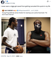 A "quote-tweet":https://knowyourmeme.com/memes/quote-retweets-qrts of the original He Don't Got Internet "tweet":https://knowyourmeme.com/memes/sites/twitter-x, joking, "I never seen a n---- get saved from getting canceled this quick in my life."