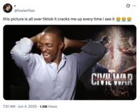 X user @fowlerfiles posted an image of Anthony Mackie dancing during a press interview for _Captain America: Civil War_, writing, "this picture is all over tiktok it cracks me up every time i see it 😭😭😭" The post gathered over 100,000 likes in a day.