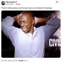 X user @hrtjakari reposted the image of Anthony Mackie dancing with the caption, "They’re talking about perma banning Luna instead of Hawkeye." The post gathered over 1,000 likes in a week.