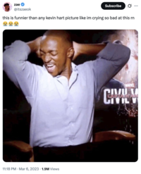 X user @itszaeok reposted the image of Anthony Mackie dancing with his hands on his head, writing, "this is funnier than any kevin hart picture like im crying so bad at this rn😭😭😭," and gathering over 60,000 likes in two years.