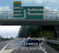 LEFT EXIT 12 Become a Normal Western Democracy Authoritarian Dictatorship Spain, Portugal and Greece in the 50's and 60's EASE ST. WESWORD