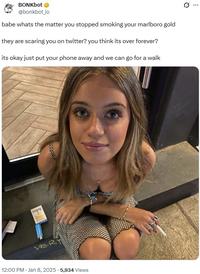 VeR 12:00 PM - Jan 8, 2025 -5,934 Views BONKbot @bonkbot_io babe whats the matter you stopped smoking your marlboro gold they are scaring you on twitter? you think its over forever? its okay just put your phone away and we can go for a walk Q