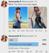 Amouranth @Amouranth -1d Me or The Dirty C-- Sock Again 4.5M 4,584 3,352 75.4K Amouranth @Amouranth - 1d you 24% The Dirty C-- Sock Again 76% 78,186 votes Final results 510K 646 1 187 1,714 I