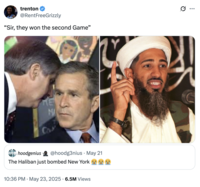 A "meme":https://knowyourmeme.com/memes/memes about the NY Knicks losing Game 2 of the 2025 Eastern Conference Finals, using the "George Bush Learning About 9/11":https://knowyourmeme.com/memes/george-bush-learning-about-911 format and the "photoshop":https://knowyourmeme.com/memes/sites/photoshop of Indiana Pacers player Tyrese Haliburton as "Osama Bin Laden":https://knowyourmeme.com/memes/events/osama-bin-ladens-death.