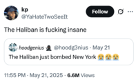 kp Follow Ø .. ... @YaHateTwoSeeIt The Haliban is f------ insane hoodgenius @hoodg3nius May 21 The Haliban just bombed New York for foot 11:55 PM ⚫ May 21, 2025 6.6M Views