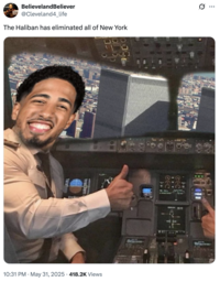 A "photoshop":https://knowyourmeme.com/memes/sites/photoshop of Tyrese Haliburton committing the "September 11th Attacks":https://knowyourmeme.com/memes/events/september-11th-2001-attacks.