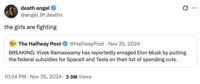 X user @angel_0f_deathx joked about Elon Musk and Vivek Ramaswamy having a falling out, writing, "the girls are fighting" in response to a tweet that read, "BREAKING: Vivek Ramaswamy has reportedly enraged Elon Musk by putting the federal subsidies for SpaceX and Tesla on their list of spending cuts."