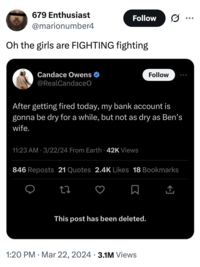 X user @marionumber4 tweeted the phrase "the girls are fighting" to react to a deleted Candace Owens tweet, gathering over 10,000 likes in a year.