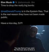 Elon Musk X @elonmusk.8m Time to drop the really big bomb: @realDonaldTrump is in the Epstein files. That is the real reason they have not been made public. Have a nice day, DJT! You say that as if you were the first man alive to think it.