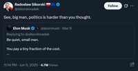 The reaction of Poland's foreign minister Radosław Sikorski, who earlier had an argument with Elon Musk on X.