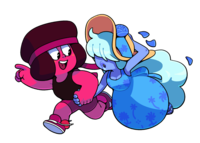 *Image Description:* Ruby running while pulling Sapphire along by the hand, both dressed in casual summer garb.