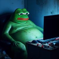Pepe ugly fat sitting at computer sad