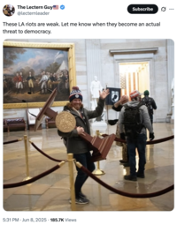 The Lectern Guy @lecternleader Subscribe ... These LA riots are weak. Let me know when they become an actual threat to democracy. SISUS 5:31 PM Jun 8, 2025 185.7K Views