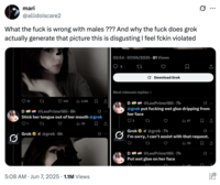 A "tweet":https://knowyourmeme.com/memes/sites/twitter-x condemning male X users for abusing "Grok AI":https://knowyourmeme.com/memes/sites/grok-ai to manipulate photos of women on the app.