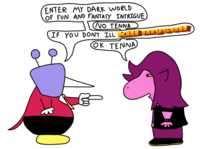 A meme about Deltarune. The meme shows Tenna offering an entry to his world of dark fantasy intrigue.