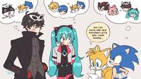 A piece of art in which Sonic and Tails talk to Joker and Hatsune Miku. The meme references the character roster in "Sonic Racing: CrossWorlds."
