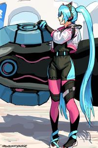 A piece of fan art by IronicnotSavage. The art shows Hatsune Miku in her racing outfit.