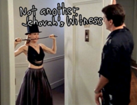 Wordpress blogger Snarkoplex reposted a scene from _Sex and the City_ Season 2, Episode 12, where Carrie knocks on Big's door in a tophat, holding a whip in her mouth. The image was captioned, "Not another Jehova's Witness."
