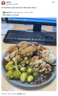 Josh @joshpearson180 Yer bird eats roast dinners on Microsoft Teams Anya @anyachappellxx • Mar 5, 2024 feels illegal on a tuesday HOR Paton's LED • 7:29 AM Mar 5, 2024 901.6K Views BenQ ... CHUN