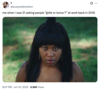 X user @pussyredemption tweeted an image of Dominique Fishback as "Dre," and obsessive fan girl from the television show _Swarm_ to joke about how they would ask people, "'gidle or loona ?' at work back in 2018."