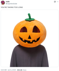 A tweet sharing a photo of a guy with a pumpkin on his head. The tweet is captioned "YOU'RE TAKING TOO LONG," a reference to Deltarune Chapter 4.