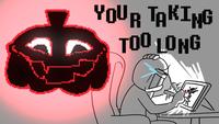 A piece of art using Jackenstein from Deltarune Chapter 4. The art shows him hounding a fan artist trying to complete Deltarune fan art.