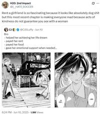 A post about Rent-A-Girlfriend chapter 380. The post reads, "Rent a girlfriend is so fascinating because it looks like absolutely dog s--- but this most recent chapter is making everyone mad because acts of kindness do not guarantee you sex with a woman."

