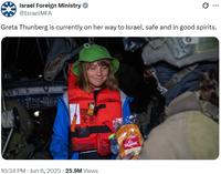 A tweet reading, "Greta Thunberg is currently on her way to Israel, safe and in good spirits." The tweet was posted by Israel.