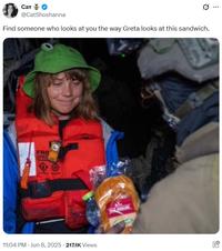 A tweet reading, "Find someone who looks at you the way Greta looks at this sandwich." The meme shares a photo of Greta Thunberg smiling at a sandwich.