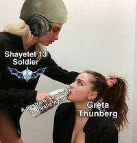 A version of the "foced to drink milk":https://knowyourmeme.com/memes/forced-to-drink-milk meme. The meme is about Greta Thunberg being fed a sandwich by the IDF.