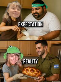 An expectations vs. reality meme about Greta Thunberg taking a sandwich from the IDF. The meme is AI-generated.