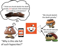 Redditor /u/daaaanker posted a version of the Goomba Fallacy meme to the subreddit /r/197 in April 2024, gathering over 2,000 upvotes on a post that showed one Goomba saying, "We should abolish the death penalty" and another Goomba saying, "We should execute child molesters," and a third Goomba imagining them to be the same person.