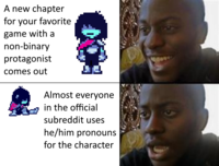 A post to the /r/traaaaaaannnnnnnnnns subreddit. The post complains about people misgendering Kris from Deltarune.