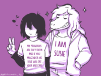 A meme of Kris wearing a shirt reading, "MY PRONOUNS ARE THEY/THEM AND IF YOU MISGENDER ME SUSIE WILL EAT YOUR KNEECAPS," Susie standing next to them and wearing a shirt reading, "I'm Susie." The meme is by Tumblr user ursamajori.