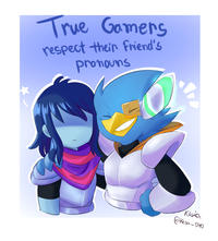 Fan art of Berdley and Kris. The post reads, "True Gamers Respect Their Friends' Pronouns."