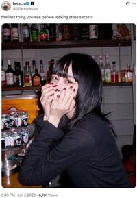 3:49 PM - Jun 7, 2025 -6,701 Views hersch @tittyrespecter the last thing you see before leaking state secrets Q