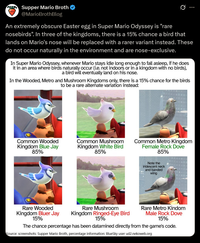 Supper Mario Broth @MarioBrothBlog ... An extremely obscure Easter egg in Super Mario Odyssey is "rare nosebirds". In three of the kingdoms, there is a 15% chance a bird that lands on Mario's nose will be replaced with a rarer variant instead. These do not occur naturally in the environment and are nose-exclusive. In Super Mario Odyssey, whenever Mario stays idle long enough to fall asleep, if he does it in an area where birds naturally occur (i.e. not indoors or in a kingdom with no birds), a bird will eventually land on his nose. In the Wooded, Metro and Mushroom Kingdoms only, there is a 15% chance for the birds to be a rare altemate variation instead: Common Wooded Kingdom Blue Jay 85% Common Mushroom Kingdom White Bird 85% Common Metro Kingdom Female Rock Dove 85% Note the iridescent neck and banded wing Rare Wooded Kingdom Bluer Jay 15% Rare Mushroom Kingdom Ringed-Eye Bird 15% Rare Metro Kindom Male Rock Dove 15% The chance percentage has been datamined directly from the game's code. Source: screenshots: Supper Mario Broth, percentage information: BlueSky user ud2.nekoweb.org