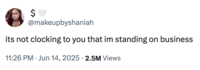 X user @makeupbyshaniah posted a tweet repeating Justin Bieber's "It's not clocking to you that I'm standing on business" line directed at paparazzi in L.A., gathering over 2.5 million views and 100,000 likes in two days. 