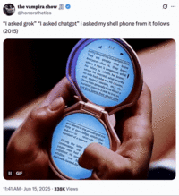 X user @horrorsthetics posted a GIF of a "claw phone" from the movie _It Follows_, writing, "“I asked grok” “I asked chatgpt” I asked my shell phone from it follows (2015)" The post gathered over 20,000 likes in a day.